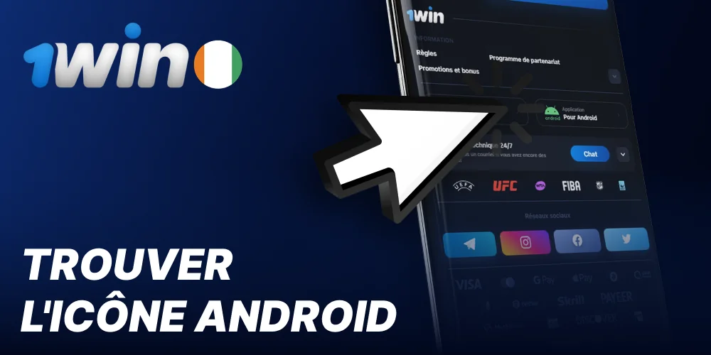 Trouvez l'icône Android en bas du site web de 1win